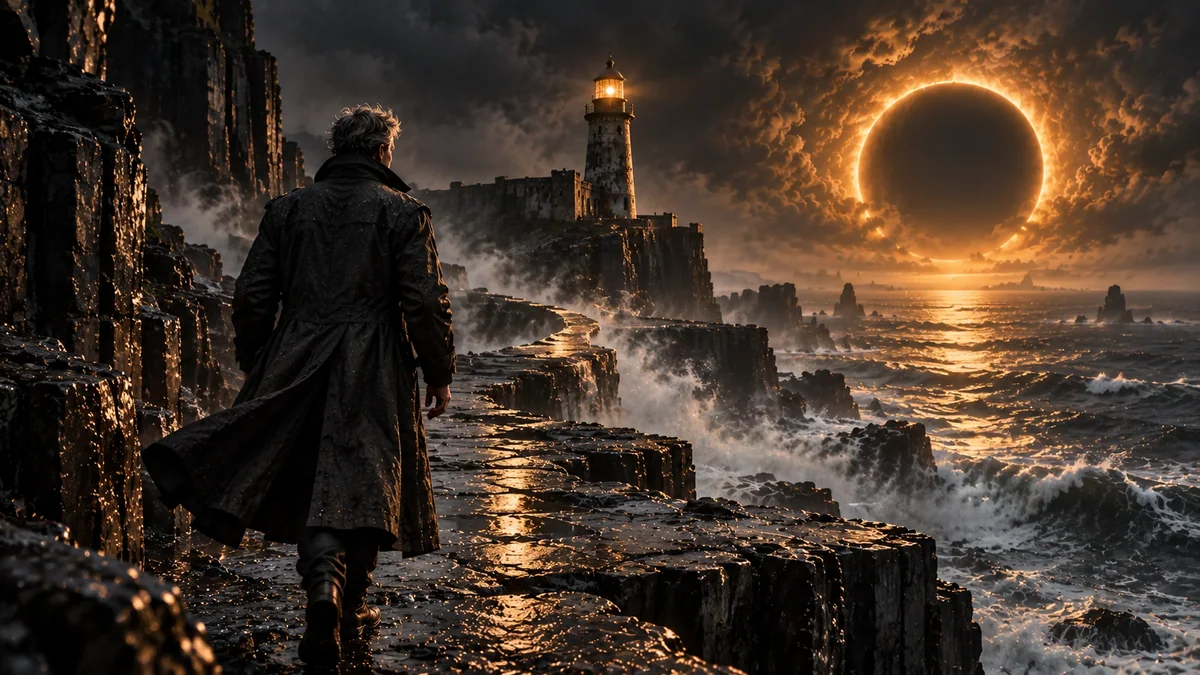 Cinematic coastal concept: a lighthouse and an atmospheric sea under amber light.