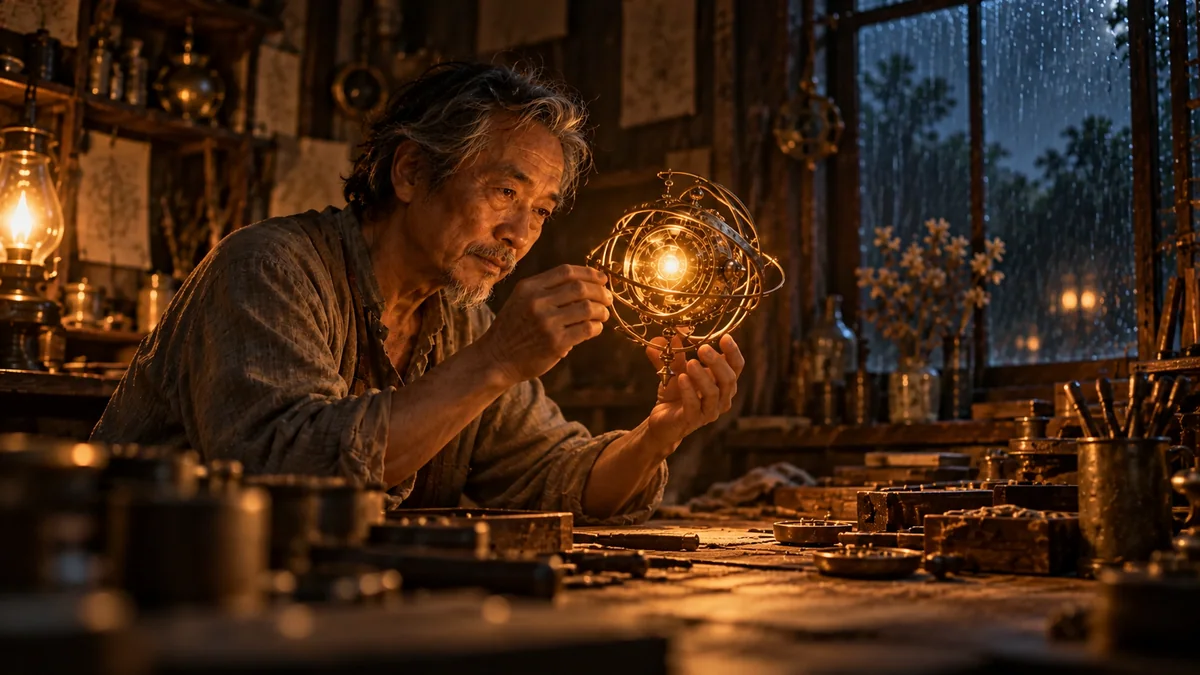 Cinematic concept of a craftsman studying a glowing memory device in a warmly lit workshop.