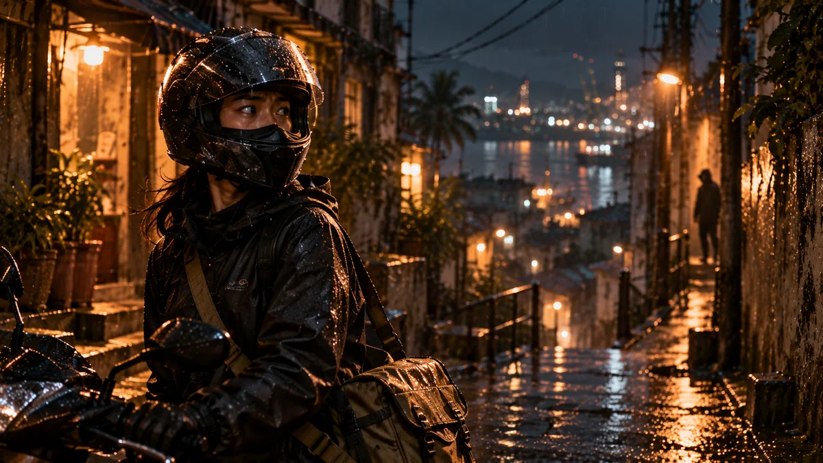 Cinematic urban thriller concept with a night courier in a rain-soaked city.